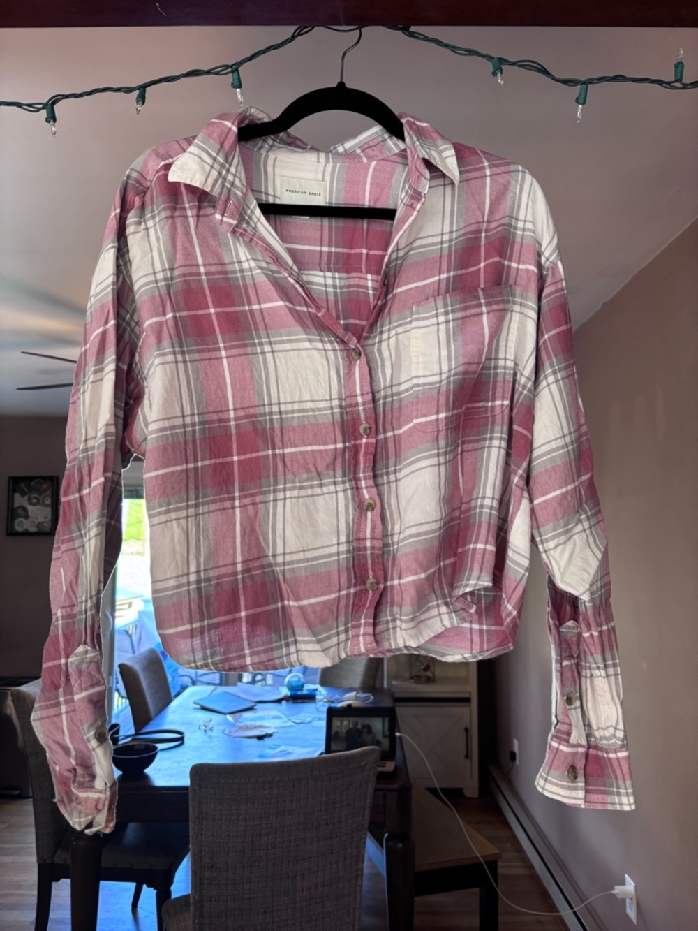 American Eagle Outfitters Pink and Gray Plaid Button-Up Shirt